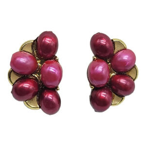 Jaycraft Thermoset Pink Red Enamel Clip On Earrings Gold Tone Vintage
